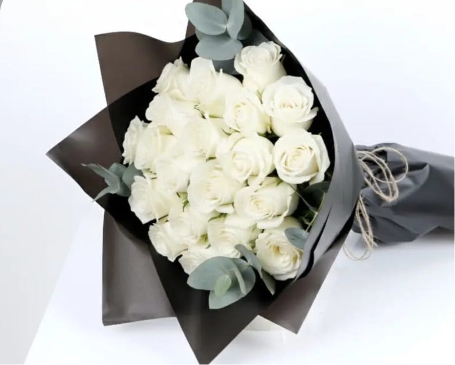 White Rose Bouquet - Blue Ribbon